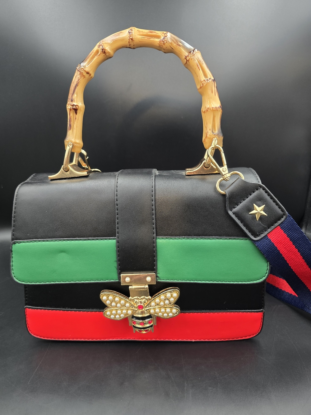Black Satchel with Green and Red Stripe, Bamboo Top Handle